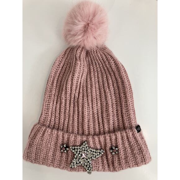 Victoria’s Secret Pink Faux Fur Puff Ball Beanie With Rhinestone Star Detail - Picture 1 of 8